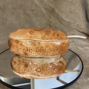 Vintage Ceramic Lefton Dish‎ Baked Potato Sour Cream Holder W/ Spoon H6459 Japan
